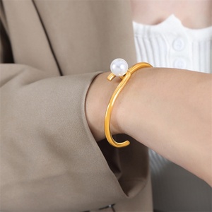 Minimalist Jewelry <b>Gold</b> Plated Stainless Steel <b>Adjustable</b> Pearl Charm Cuff Bangle <b>Bracelet</b> - Product Image 4