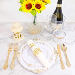Baroque Wedding Party Dessert Appetizer Clear Plastic Plates Disposable Dinnerware Set with Gold Rim Plastic Plates Forks Napkin