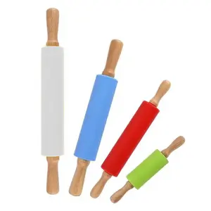 硅胶Rolling面杖不粘表面和舒适的木质手柄滚筒，用于玉米饼面团，比萨饼，馅饼，意大利面，饼干