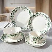 Ensemble de bols et assiettes en céramique sous glaçure, motif végétal pastoral vert frais de luxe - Compatible micro-ondes, haute esthétique
