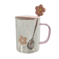 Tasse en verre Sakura esthétique avec couvercle et cuillère, grande tasse à eau en borosilicate haute résistance