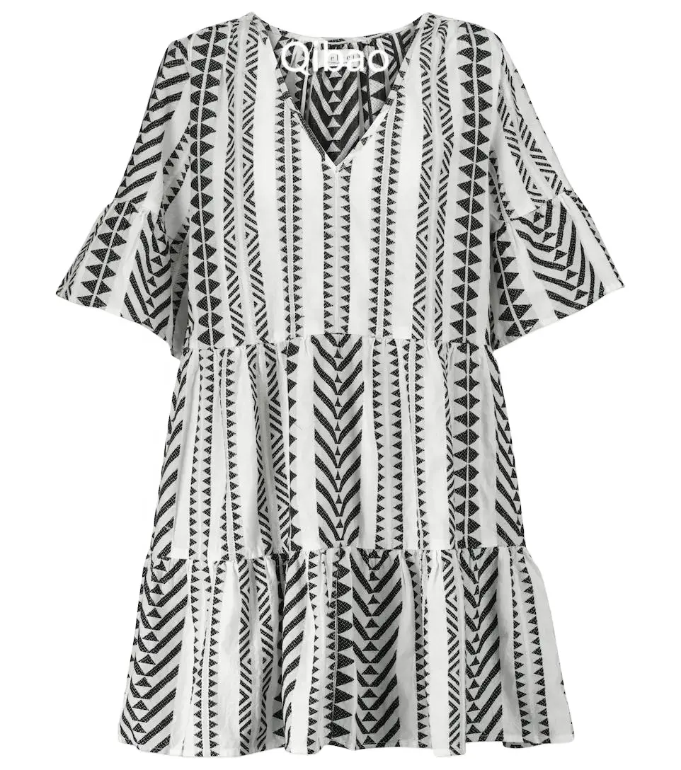 2022 factory custom middle sleeve V neck 100% cotton Striped print dress