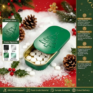 Scatola in Metallo Portatile Tascabile Verde Salvia con Coperchio Scorrevole, Elegante Contenitore a Scorrimento con Motivo Natalizio in Rilievo per Caramelle o Pillole - Product Image 1