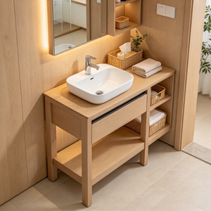 Modern Minimalist <b>Light</b> Wood <b>Bathroom</b> Vanity <b>Cabinet</b> Stone Basin Drawers Mirror Included Floor Standing Rectangular Efficient - Product Image 3