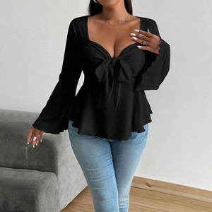 Nueva Camiseta Sexy <span class=keywords><strong>de</strong></span> Talla Grande para Mujer, Corte Ajustado, Cuello en V, Transpirable, Primavera-Verano, Manga Larga con Volantes y Cintura Ajustable con Cordones - Product Image 3