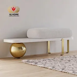 Nordic unique design metal base and wood seat bench boucle fabric upholstery living room ottoman shoe stool