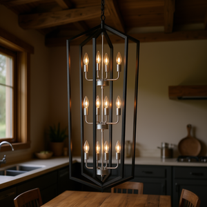 Lampadario Vintage Stile Fattoria, Gabbia in Ferro Nero Opaco, 12 Luci, Altezza Regolabile, Lampada per Cucina e Sala da Pranzo - Product Image 2
