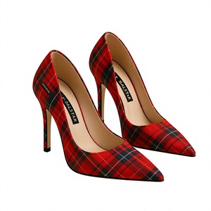 Vente en gros de chaussures pour femmes, escarpins à talons aiguilles en tartan écossais, bout pointu, chaussures à carreaux, logo personnalisé, chaussures OEM - Product Image 1