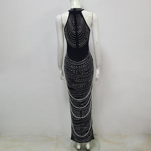 Robe longue noire élégante pour <span class=keywords><strong>femme</strong></span>, luxueuse et sexy, sans bretelles, dos nu, ornée de perles et de paillettes, décontractée, pour soirée et banquet - Product Image 4