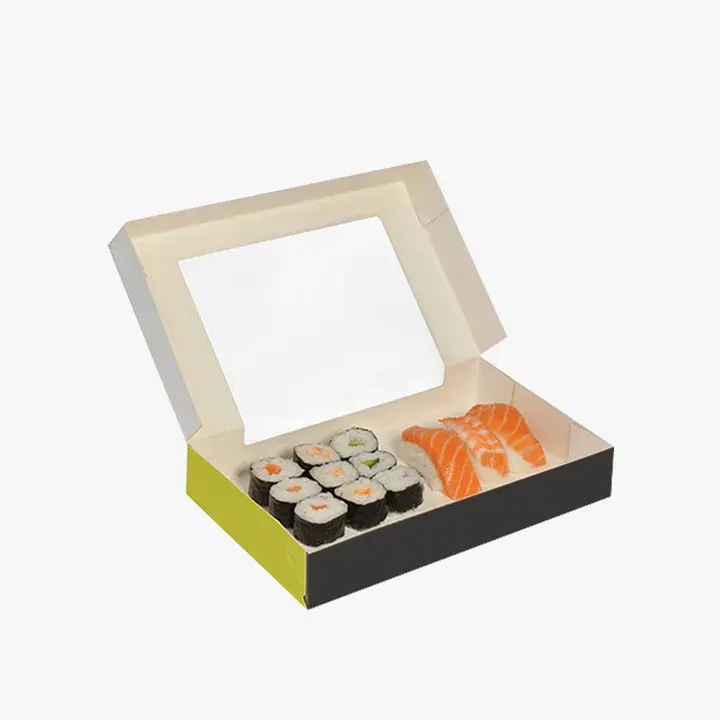 Sang trọng biểu tượng tùy chỉnh in ấn thực phẩm giao hàng tông ăn trưa Sushi hộp với sinh thái thân thiện cửa sổ