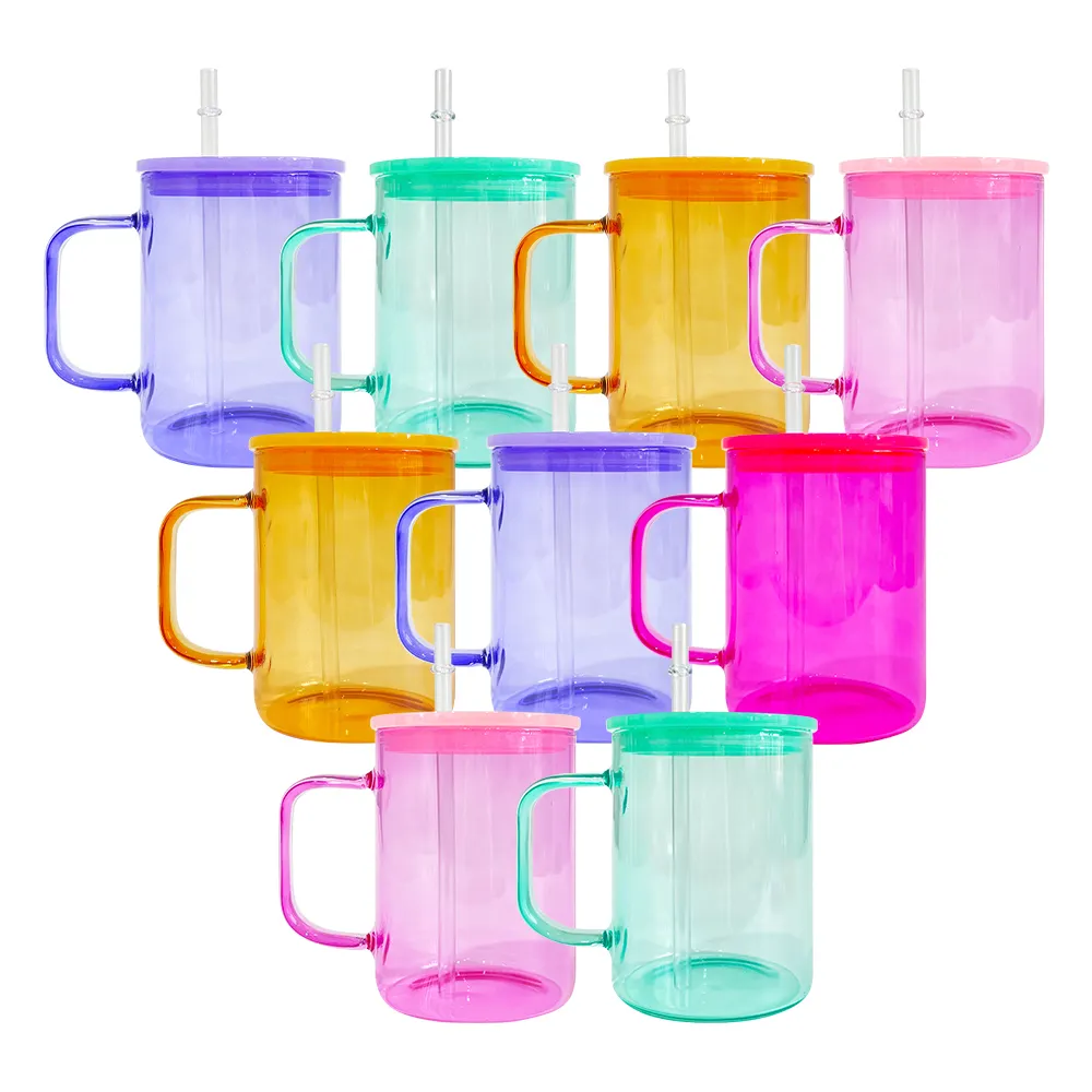 EE. UU. Almacén 17oz chocolate caliente y café tazas de vidrio de color sublimación en blanco colorido taza de vidrio de gelatina transparente con tapa PP