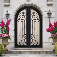 Ventanas de vidrio templado de doble capa, puerta de entrada frontal de hierro forjado arqueada clásica para casas, puerta de Metal moderna para exteriores, 2 unidades