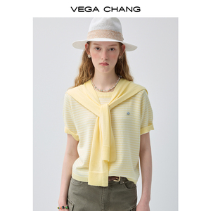 <span class=keywords><strong>Pull</strong></span> en tricot rayé jaune et blanc VEGA CHANG pour femme <span class=keywords><strong>avec</strong></span> châle en tricot intégré et <span class=keywords><strong>manches</strong></span> courtes, style décontracté preppy - Product Image 2