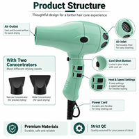 Sèche-cheveux professionnel à moteur AC, 2 vitesses, 3 températures, fonction air froid, deux concentrateurs, grand diffuseur en option pour coiffure en salon