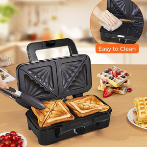 Machine à petit-déjeuner multifonction 3-en-1 - Plaques interchangeables pour sandwichs, gaufres et grillades, noir, acier inoxydable - Product Image 4