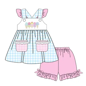 Toddler Girls Summer Ice cream Applique Designs Tunic Shorts set Children Pink Gingham Ruffle Boutique Outfit