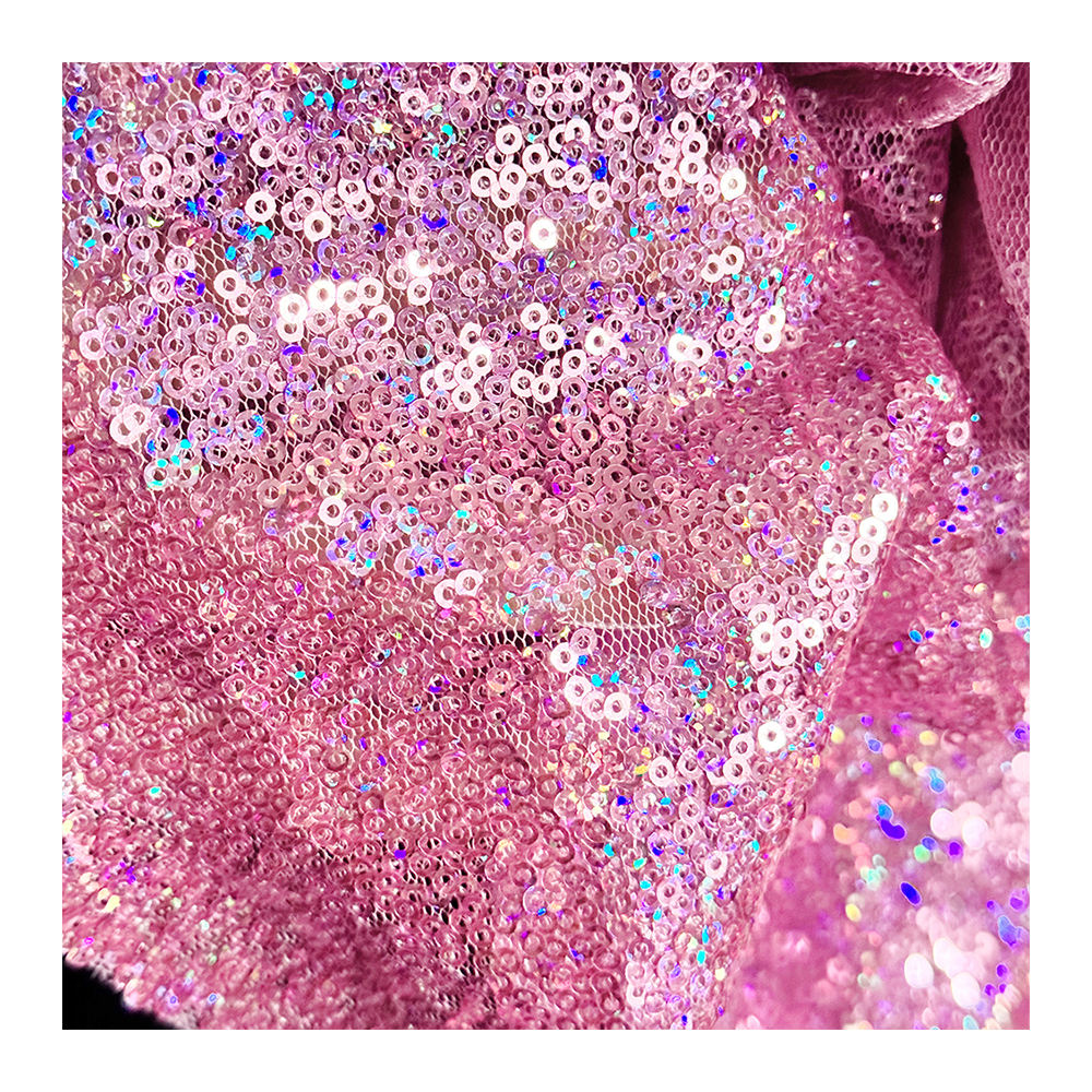 Custom High Quality Stage Evening Dress Cloth 100% Polyester Glitter  Embroidery Fabric Iridescent 3mm Fuchsia Pink Sequin Fabric