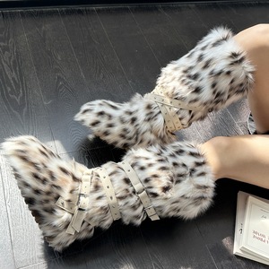 Bottes <span class=keywords><strong>de</strong></span> <span class=keywords><strong>neige</strong></span> hautes pour <span class=keywords><strong>femme</strong></span>, nouvelle collection hiver, motif léopard audacieux, avec fourrure, chaleur douillette et rivets tendance, bottes plates à hauteur du genou - Product Image 1
