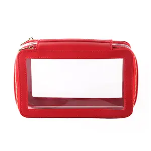 Bolso de mano de PVC transparente de doble compartimento de lujo personalizado de proveedor de fábrica, estuche de maquillaje cosmético de belleza de viaje, neceser para mujer