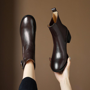 Cialisa élastique bottines pour dame 2025 automne chaussures en cuir véritable mode boucle de ceinture <span class=keywords><strong>talon</strong></span> moyen femmes bottes courtes tailles 43 - Product Image 4