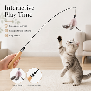 Varita de juguete para gatos con mango de madera, plumas, cascabel y cabezal intercambiable de alambre flexible, juguete interactivo de caza para gatitos, venta al por mayor - Product Image 3
