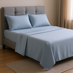 Draps de lit double Viasoft 250TC en polyester, drap plat bleu uni, ensemble de literie respirant pour la maison, l'hôtel, le dortoir, utilisable toute l'année - Product Image 2