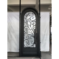 Puerta de hierro forjado de diseño arqueado de lujo con diseños de puerta única exterior de vidrio templado para casas