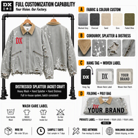 Veste Detroit en denim gris délavé personnalisée 420 g/m² avec détails de vieillissement prononcé et col en velours côtelé à éclaboussures blanches, style streetwear OEM ODM