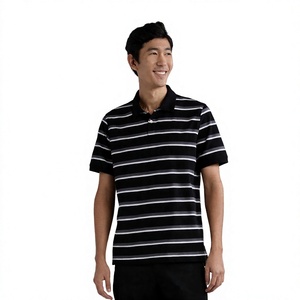 เสื้อโปโลแขนสั้นผู้ชายลายทางถักนิตติ้งลำลองสีดำสีขาวสีเทาทรงปกติ - Product Image 1