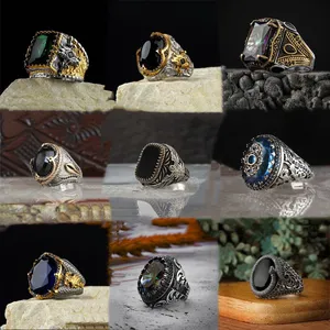 Nouvelle mode Vintage anneau en forme d'enroulement noir plat fiançailles pierre précieuse diamant motif rétro hommes anneaux noirs ouverts