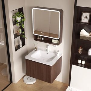 Medieval style walnut honeycomb bathroom cabinet combination bathroom ceramic integrated wash basin - Product Image 3