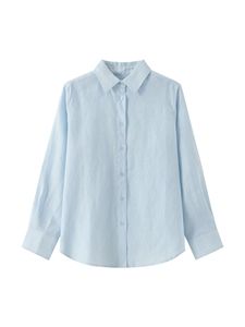 เสื้อเชิ้ตผ้าลินินผสมฝ้ายสีขาวสำหรับผู้หญิง คอปก แขนยาว ติดกระดุม ชายโค้ง ทรงหลวม สวมใส่สบาย เหมาะสำหรับฤดูร้อน - Product Image 3
