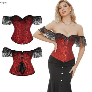 Corsetto <span class=keywords><strong>Vintage</strong></span> in Pizzo Plus Size Traspirante da Donna, <span class=keywords><strong>Lingerie</strong></span> Sexy, Fascia per il Petto, Bustier Rosso e Nero con Spalle Scoperte - Product Image 1