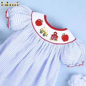 Schulbus Stickerei blau Streifen Seer sucker Mädchen Kleid-BB2158