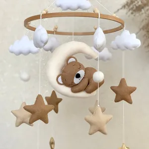 Baby shower unisex, regalo para bebé, neutral, beige, nube, Luna, fieltro, oso para dormir, cuna de madera, móvil para guardería