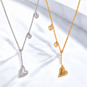 Collar Lariat con Corazón de Acero Inoxidable, Chapado al Vacío en Oro de 14K, con Cristales, Color Dorado o Plateado - Product Image 1