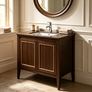 Brown Gold Trim Solid Wood <b>Bathroom</b> Vanity <b>Cabinet</b> 40 Floor Standing Rectangular Rustic Design Mirror Included 2 Drawers Easy - Product Image 6