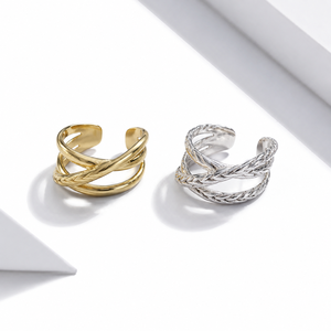 Stainless <b>Steel</b> Braided Bypass Adjustable <b>Ring</b> 14K Gold Vacuum Plated Gold and Silver Color Statement Jewelry - Product Image 1
