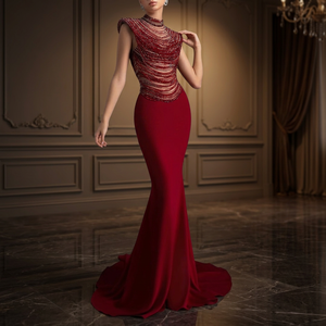 Vestido de Noche Ajustado Estilo Sirena con Brillo Diamante, Tela de Satén, Corpiño de Ilusión, Capas de Tul en Cascada, Patrón de Pedrería y Escote Alto - Product Image 3