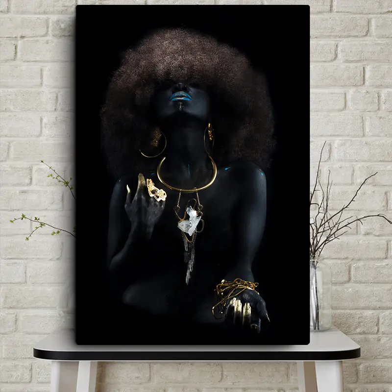 Pintura a óleo em tela quadros fofa africano, mulheres negras, preto, dourado, com impressão, para parede, para sala de estar