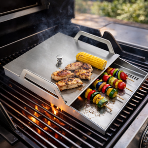 Stainless Steel Grill Pan With Lid Rectangular Griddle For Outdoor Cooking Durable Metal Barbecue <b>Tray</b> - Product Image 2