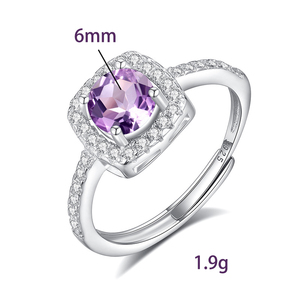 8 Anillos Ajustables de Plata de Ley 925 con Halo Cuadrado y Piedras Naturales Redondas de 6 mm, Joyería Impermeable y Antideslustre - Product Image 6
