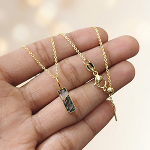 Minimalist jewelry natural stone moss agate bar shape pendant charms solid brass 18k gold plated bezel set <b>cable</b> chain necklace - Product Image 4