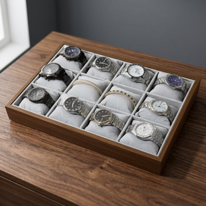 Wood Watch <b>Display</b> Tray 12 Slots Faux Suede Lined Rectangle Organizer Protective <b>Case</b> for Men Women Jewelry Storage - Product Image 3