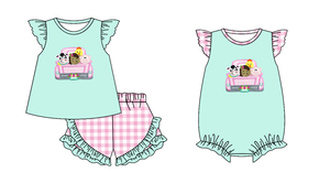 พรีออเดอร์เสื้อเชิ๊ตเด็กผู้หญิงลายวัวสไตล์บูติกฟาร์มพร้อมกางเกงขาสั้นชุด2ชิ้นสำหรับเด็กใส่ในฤดูร้อนเข้าคู่กับชุดรอมเปอร์เด็กทารกแรกเกิด - Product Image 3