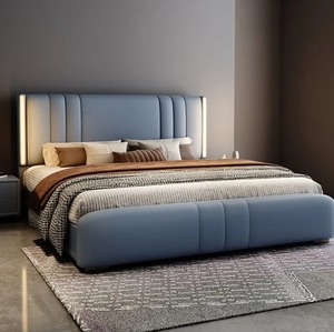 Lit double de luxe King Queen avec cadre en bois et tête de lit rembourrée en cuir, meuble de chambre moderne et contemporain avec rangement intégré - Product Image 4