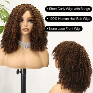 FH Venta al por mayor Kinky Curly Bob Pelucas de cabello humano con flequillo P4/30 Colored Wear and Go None Lace Front Fringe Peluca para mujeres negras - Product Image 2
