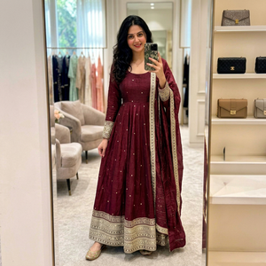 Burgundy Silk Dot Embroidered Anarkali Suit Women Salwar Kameez Set Long <b>Coat</b> Traditional <b>Dress</b> for Party <b>Wedding</b> - Product Image 1