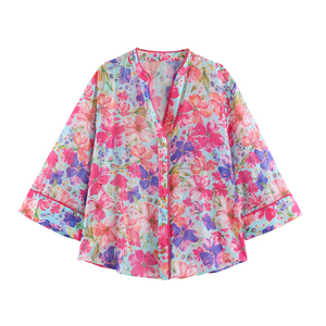 Chemisier ample à imprimé floral <span class=keywords><strong>pour</strong></span> femme, collection 2026, style décontracté, boutonnage frontal, motif botanique, haut vintage OEM/ODM - Product Image 1