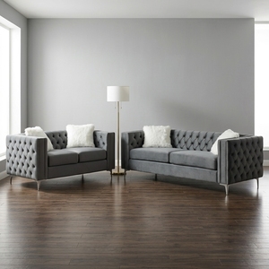 Juego de Sofás de Terciopelo Ecológico de Diseño Europeo Moderno, Muebles Grises para Sala de Estar, 3+2 Plazas con Cojines Blancos - Product Image 2
